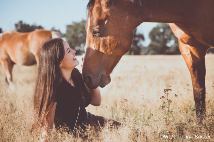 Frau und Pferd im Feld