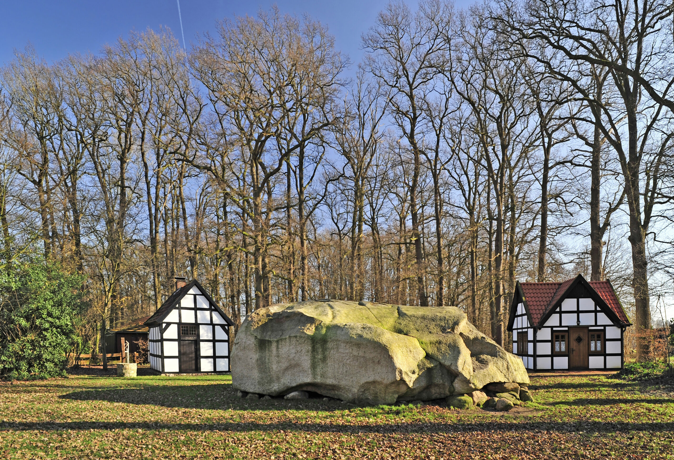 Großer Stein Tonnenheide mit Fachwerkhäusern und kahlen Bäumen im Hintergrund