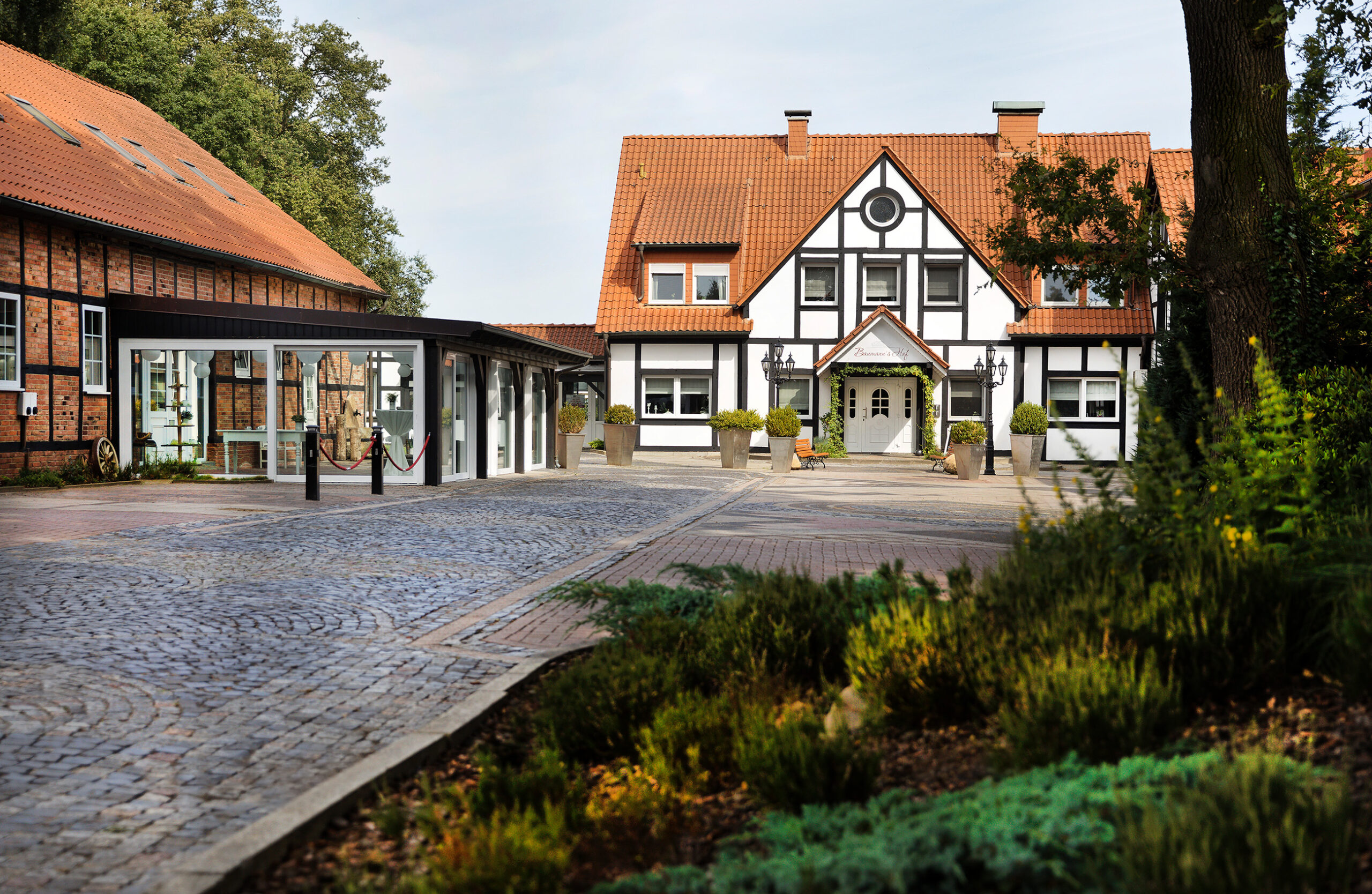 Ein Innenhof vor einem weißen Fachwerkhaus mit grünen Pflanzen im Vordergrund